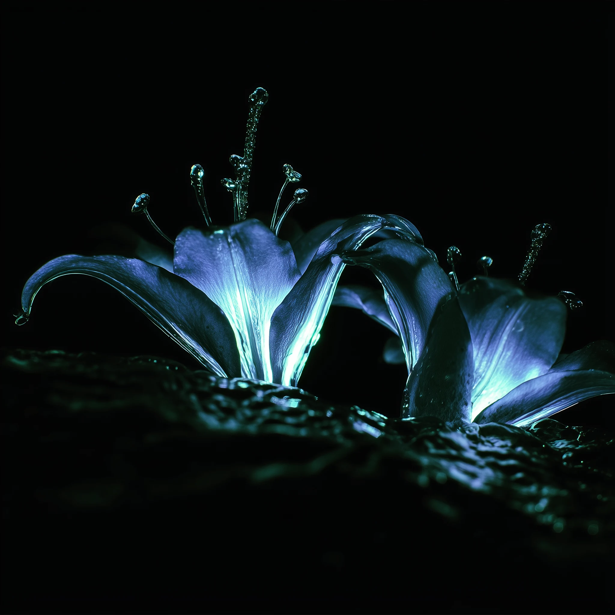 Blue flowers covered in water against a black background.