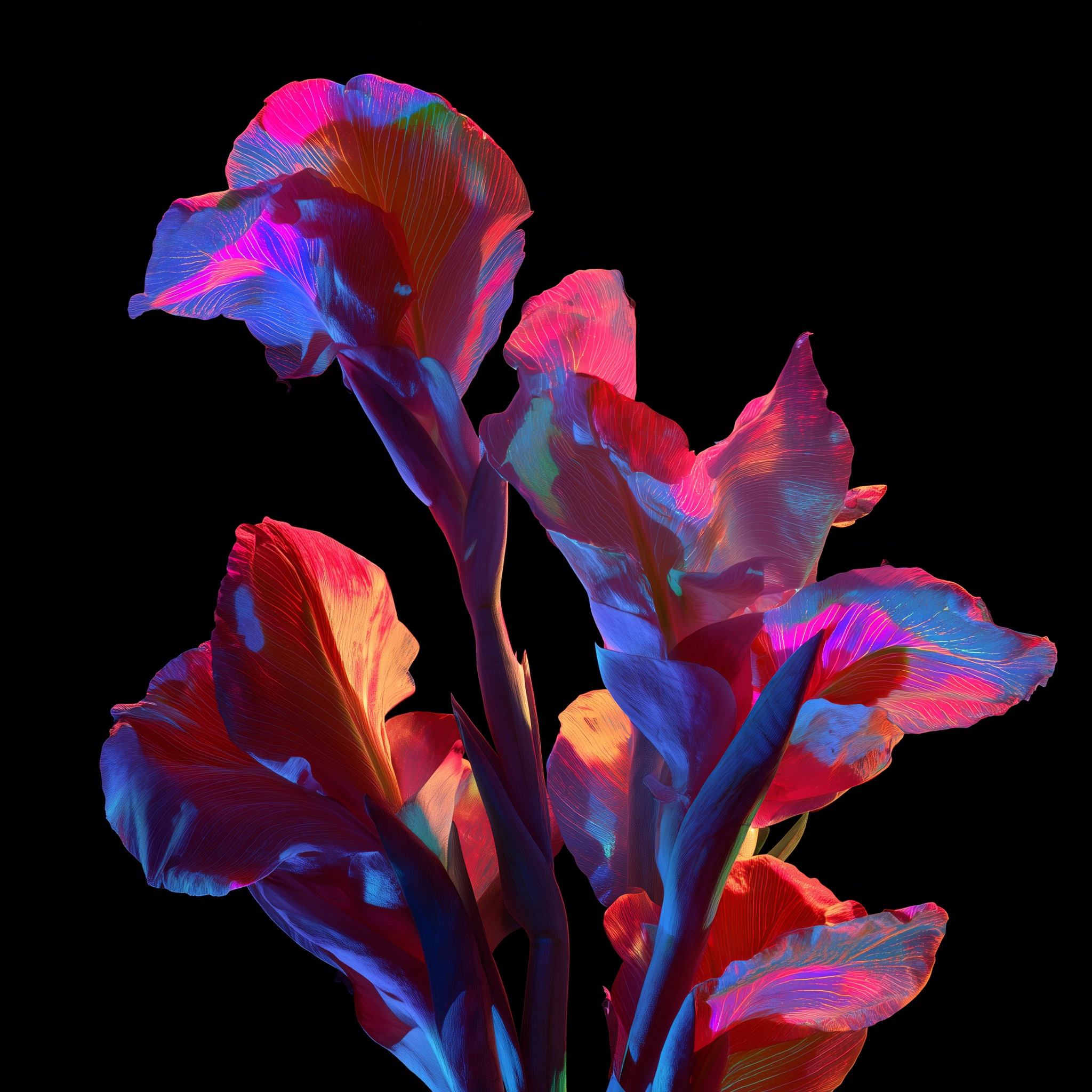 Flores luminosas rojas, azules y rosas representando AI Fluency Nivel 2